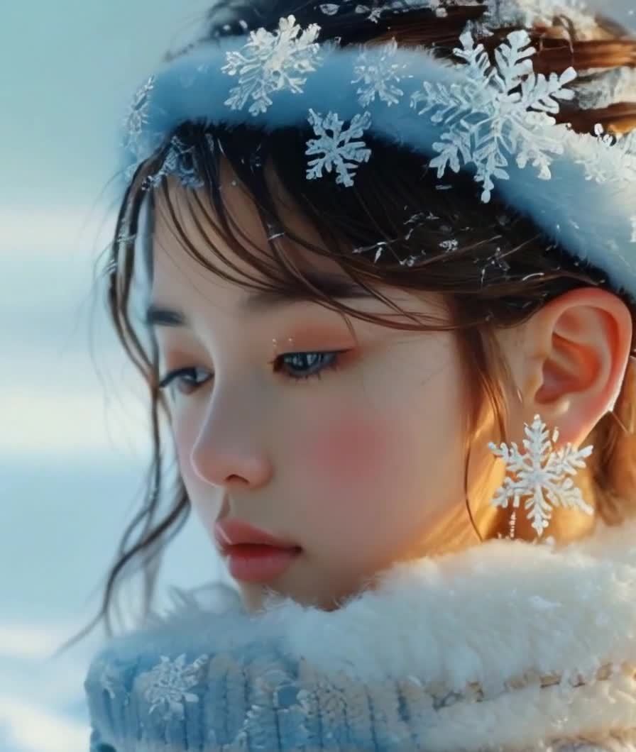 雪地美人：雪花头饰耳环，温暖梦幻特写