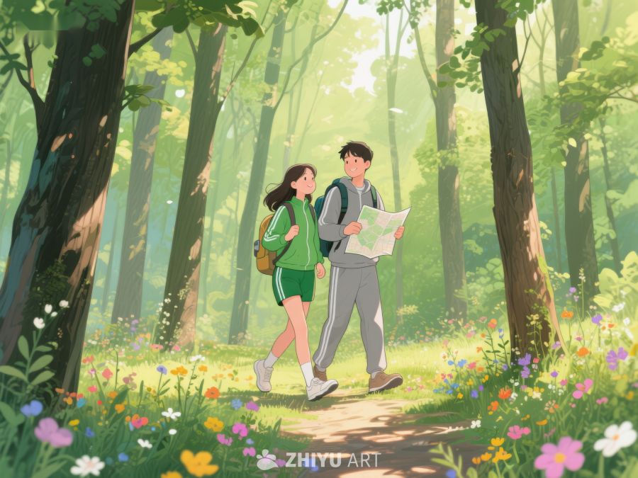 森林中漫步的两人 594
