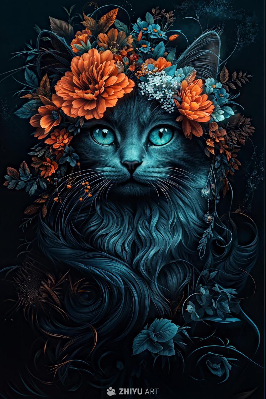 一只蓝灰色的猫，戴着由橙色、白色和蓝色花朵组成的花