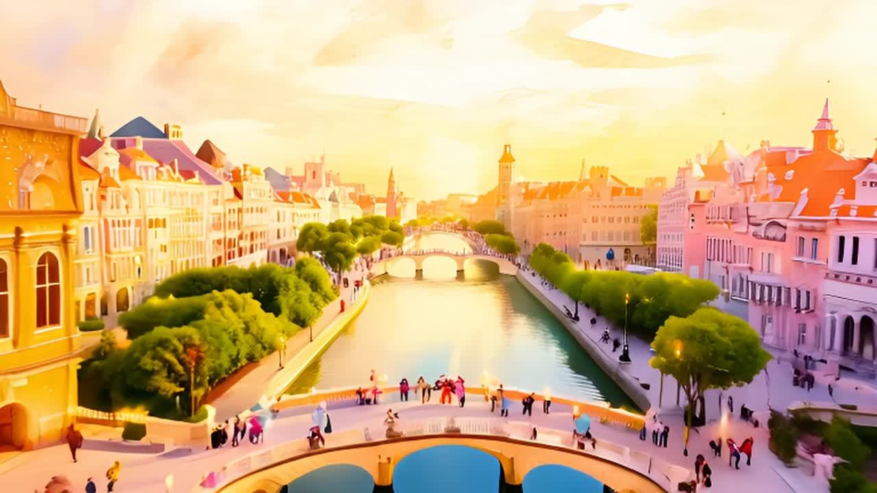 一座城市，建筑物和街道呈现水彩画般的质感。建筑风格