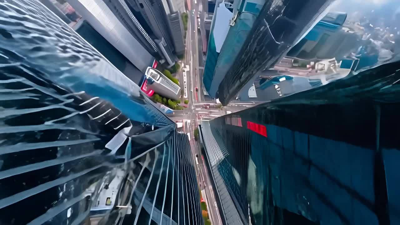 从高处俯瞰，呈现一座繁忙的现代城市，高耸的摩天大楼