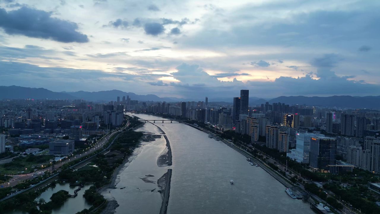 航拍福建福州闽江晚霞