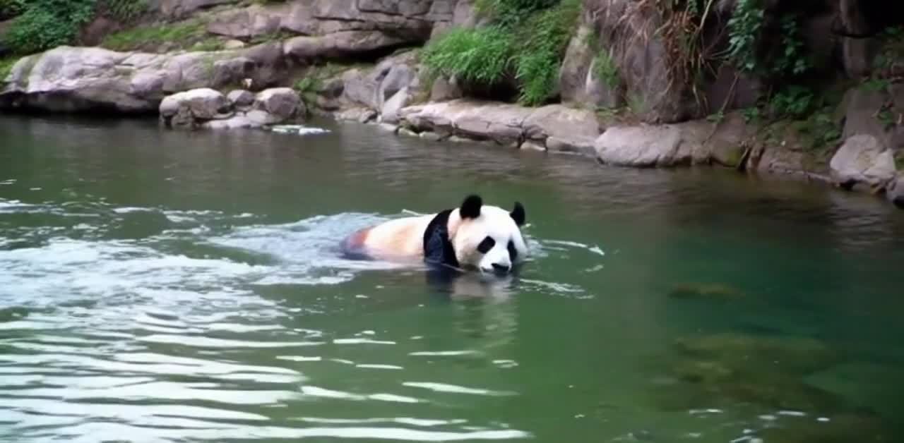 熊猫在绿灰色的河水中游泳嬉戏
