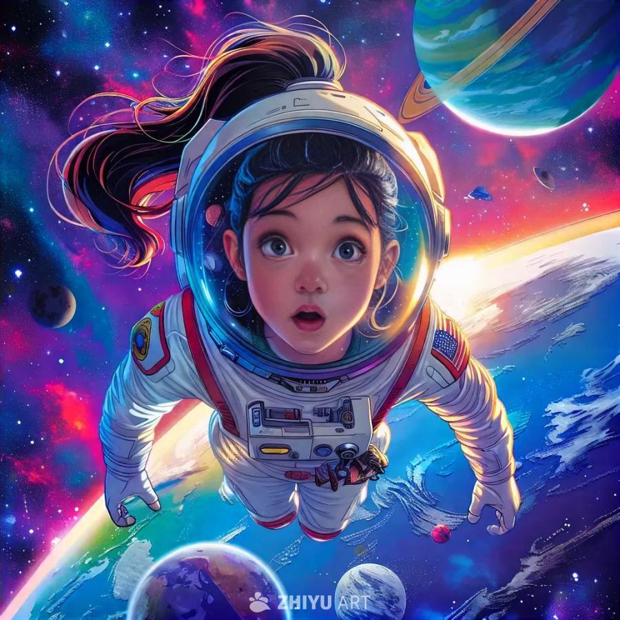 一个卡通风格的女孩宇航员，色彩鲜艳对比强烈，画面中