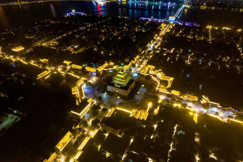 山东聊城东昌湖古城夜景航拍摄影图