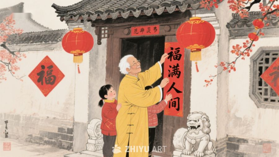 祖孙共贴春联，喜迎新春佳节 1282