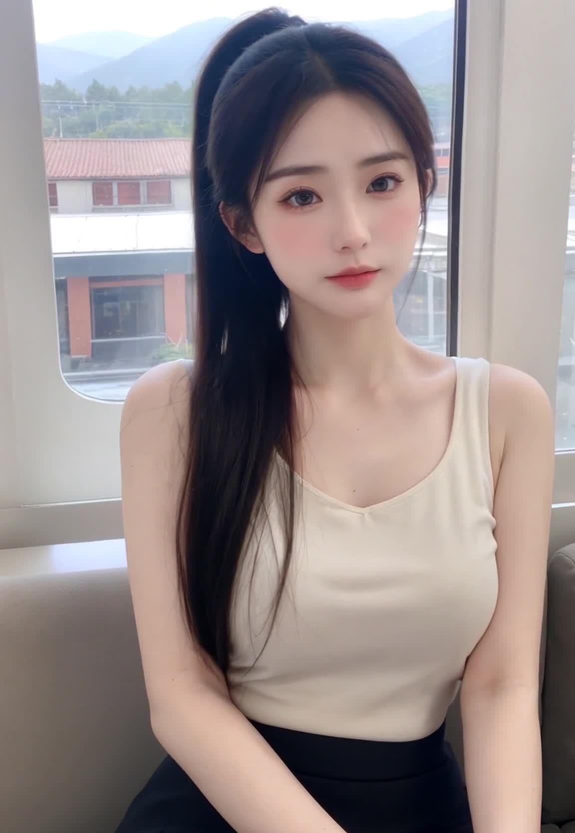 高马尾美女室内自拍，妆容精致气质温柔