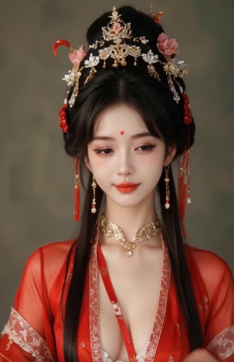 古典美人着汉服，红唇金饰，妆容精致，韵味十足。