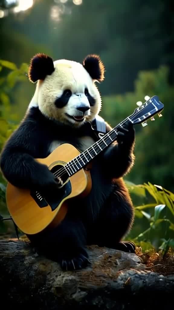 一只熊猫坐在木头上弹吉他。具体地，图片中间是一只黑白相间的熊猫，它用后腿抱着一把黄色的吉他，两只前爪按在吉他的弦上，似乎正在弹奏音乐。它的耳朵是黑色的，眼睛周围也是黑色，其余部分为白色。熊猫后面是一片绿色的竹林，阳光透过树叶洒下，照在熊猫身上。这是一张经过电影效果处理的超高清图片，具有极高的清晰度和细节表现力。
