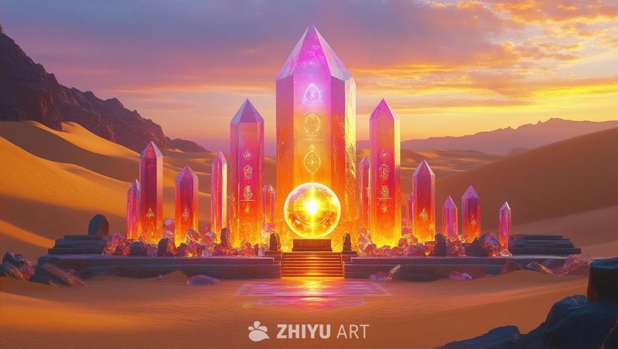 一片广阔的沙漠景观中，耸立着一座雄伟的水晶神庙，神