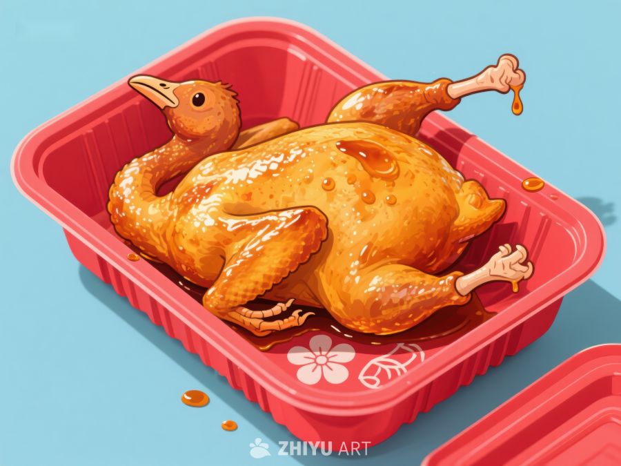 烤鸡装在红色塑料盒中