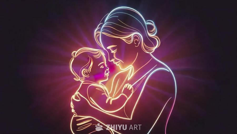 一位母亲抱着她的孩子，用简洁的线条勾勒出轮廓。图像