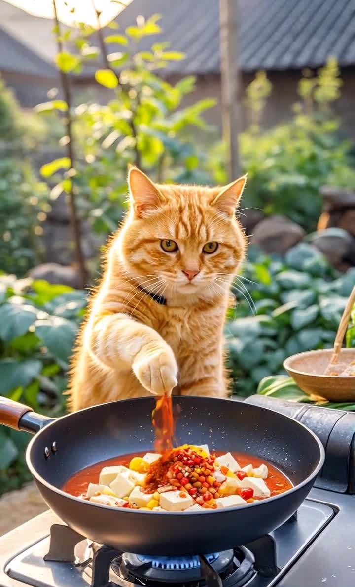 橘猫掌勺烹饪：辣椒入锅，美味佳肴即将出炉