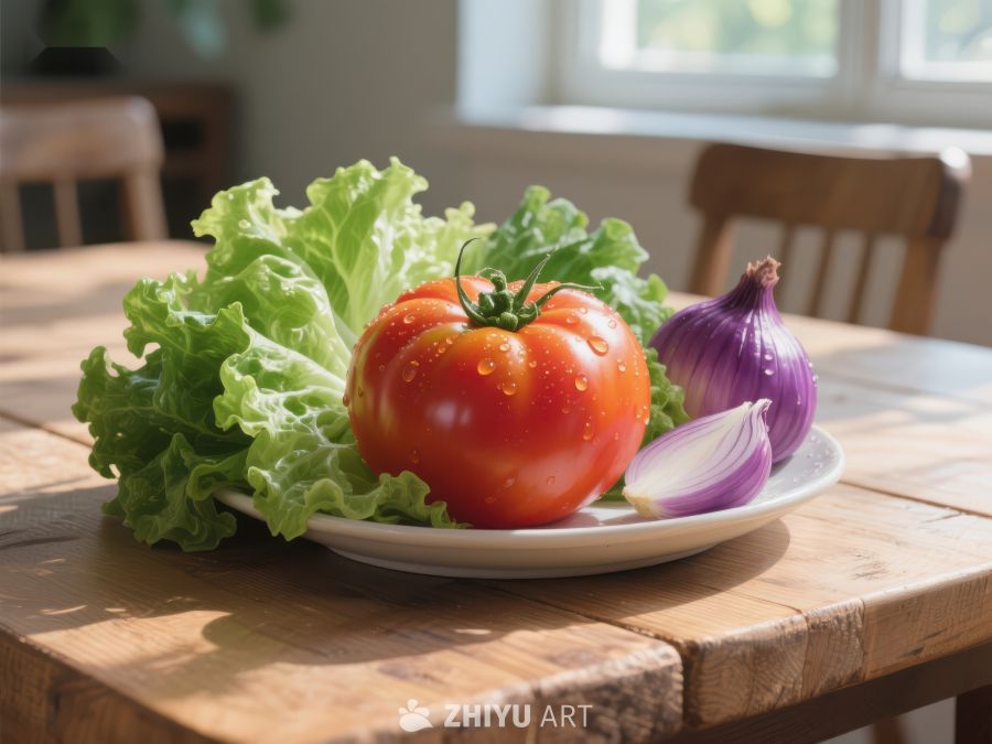 新鲜蔬菜摆盘：番茄、洋葱与生菜 635