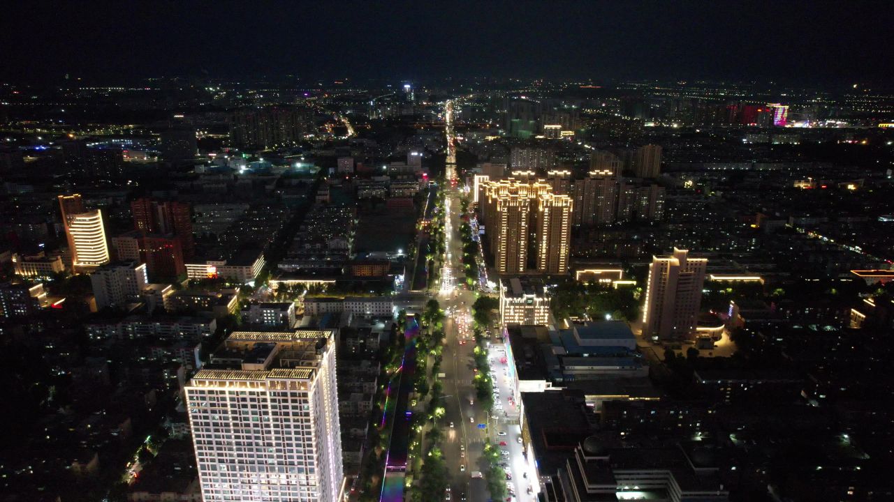 山东淄博城市夜景灯光交通航拍