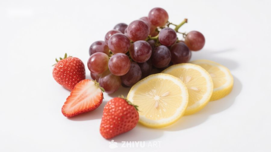 新鲜水果组合：葡萄、草莓与柠檬