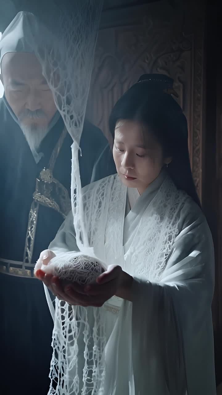 昏暗且华丽的房间里，一名女子双手捧着一团精细的蕾丝