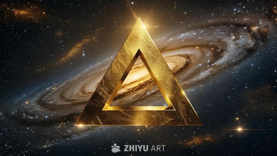 一个闪烁的金色金属三角形，高耸地矗立在繁星点点的宇