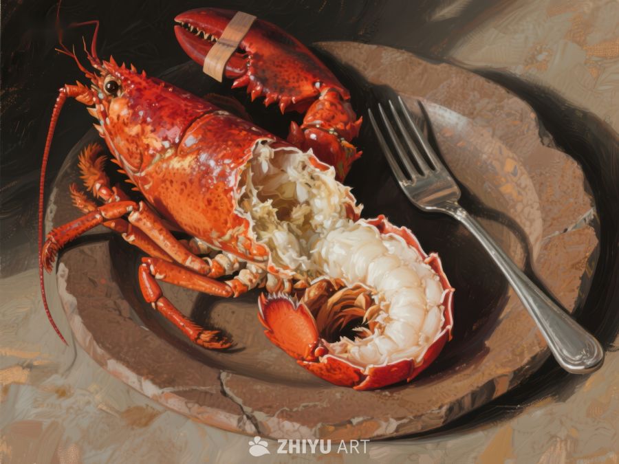 熟制龙虾，置于石盘之上