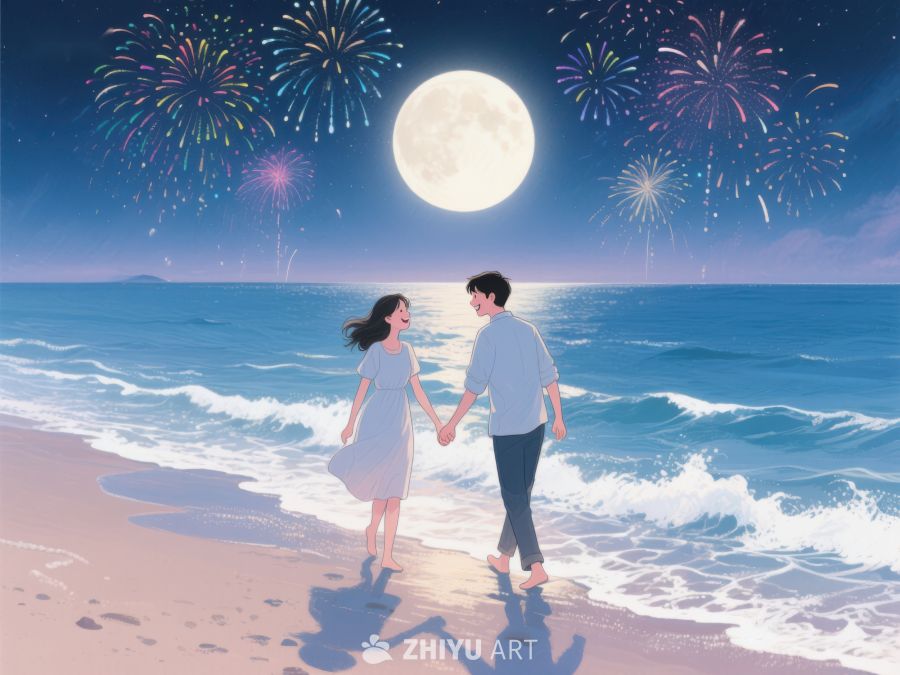 月下烟花，海边漫步的情侣 1226