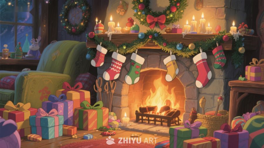 温馨圣诞夜，壁炉旁的礼物与袜子 274