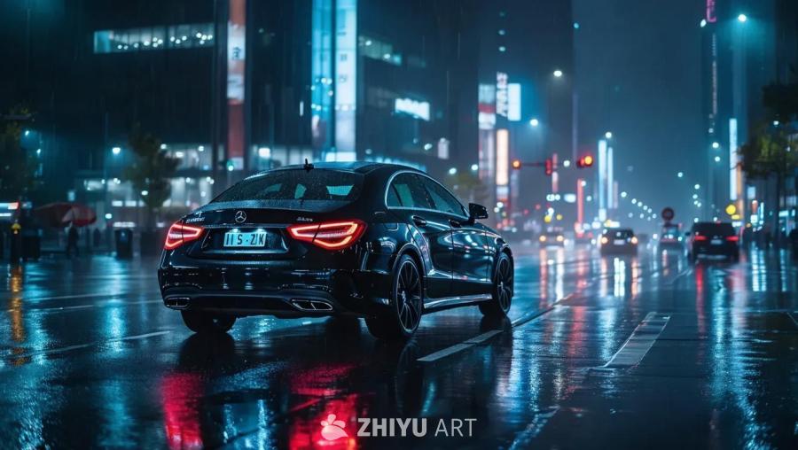 一辆黑色轿车停在下雨的城市夜晚的街道上。雨水打湿了