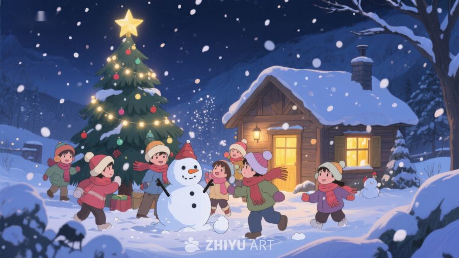 冬夜雪景中孩子们围着圣诞树和雪人 122