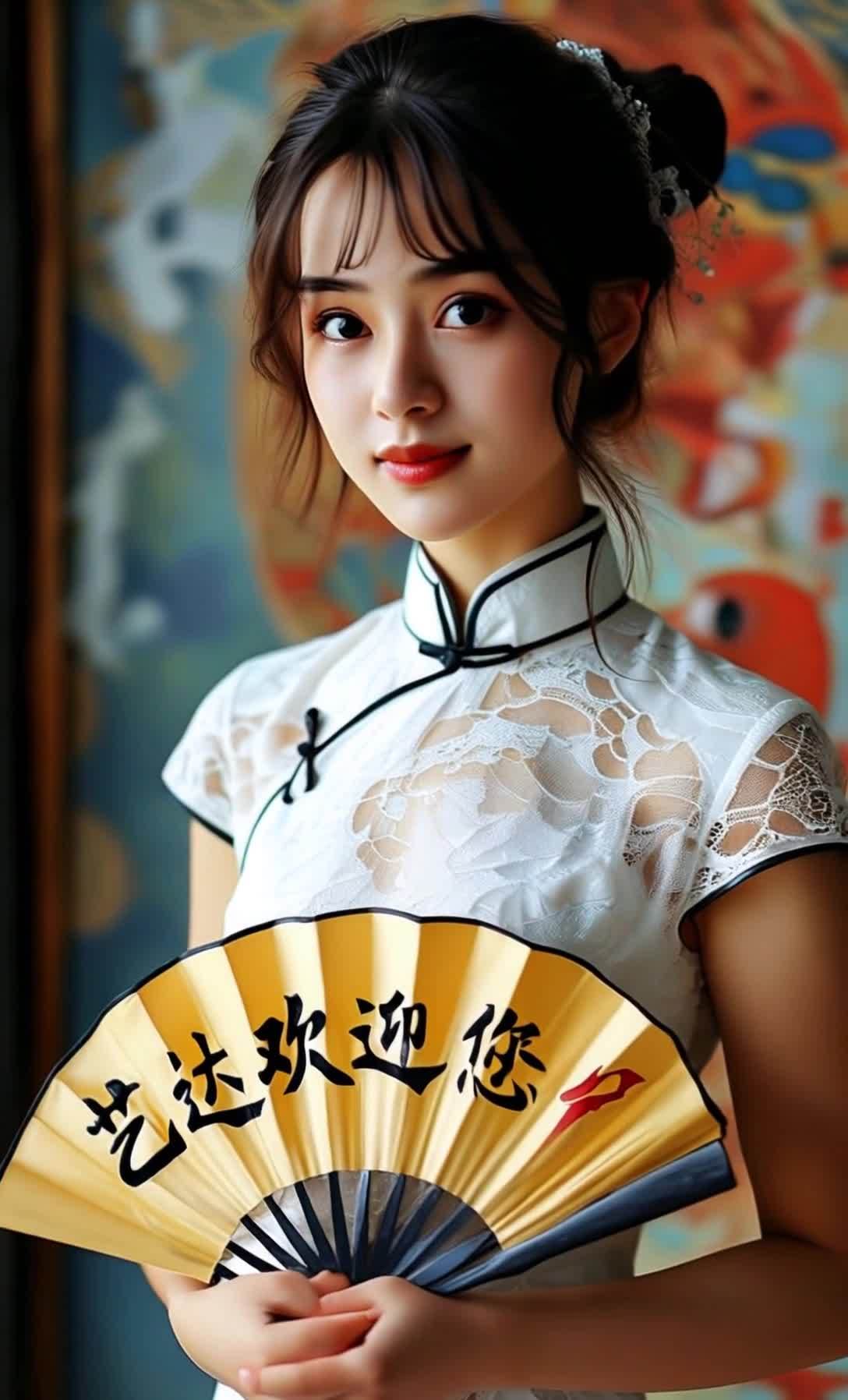 一个女孩穿着白色旗袍，旗袍领口和袖口有黑色滚边，手