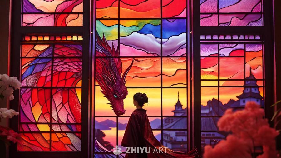 一个梦幻般的场景，红色的天空占据了背景。一条飞龙在