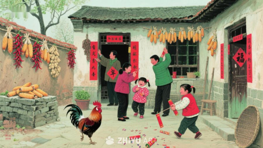 乡村春节，家人欢聚贴春联 938