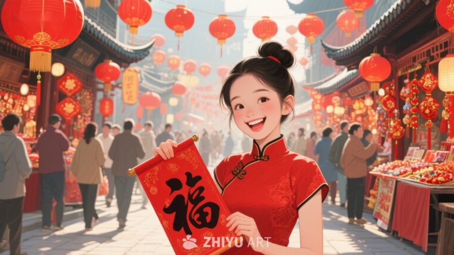 女子手持福字，欢庆春节 725