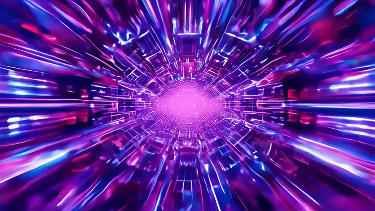图像显示一个紫色的隧道，由发光的线条和形状构成，这