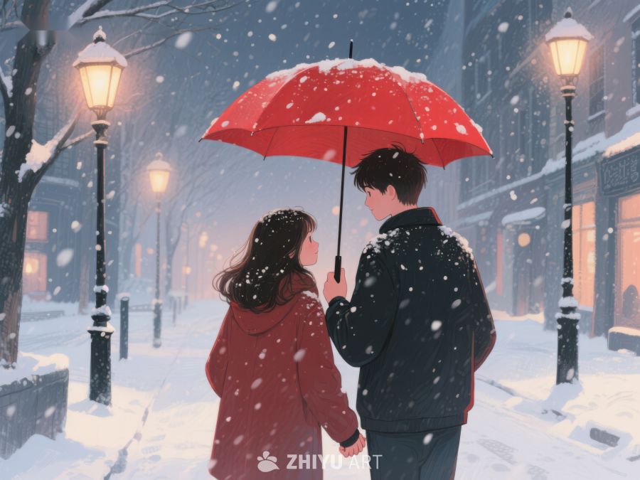雪夜红伞下的情侣 968