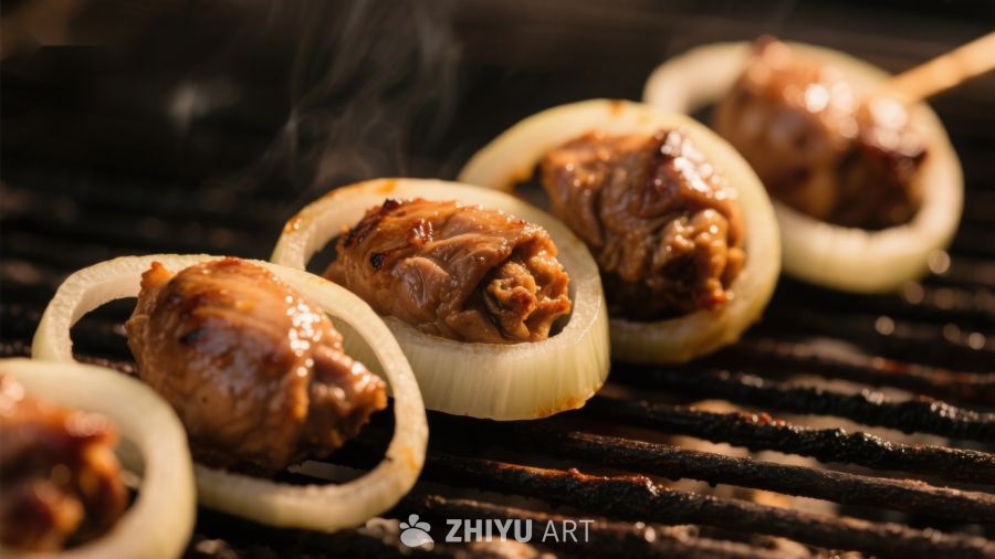 烤肉串上的洋葱圈与鸡肉