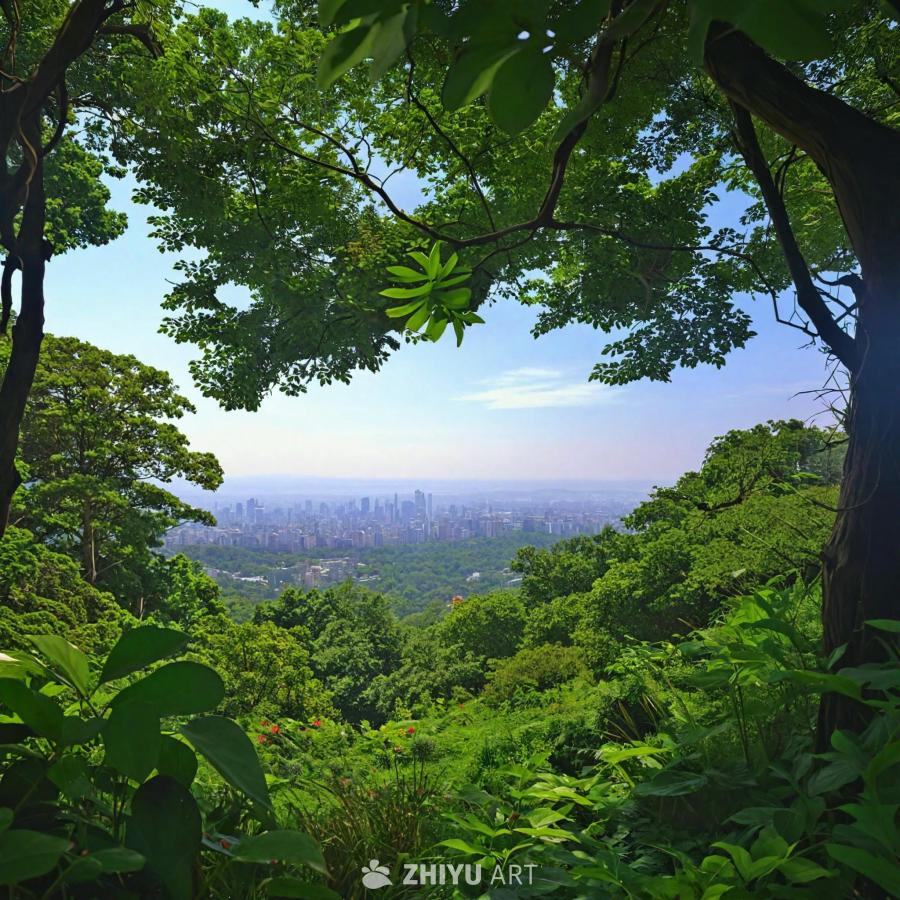 茂密的绿色树木环绕着一片空地，透过树木可以看到天空