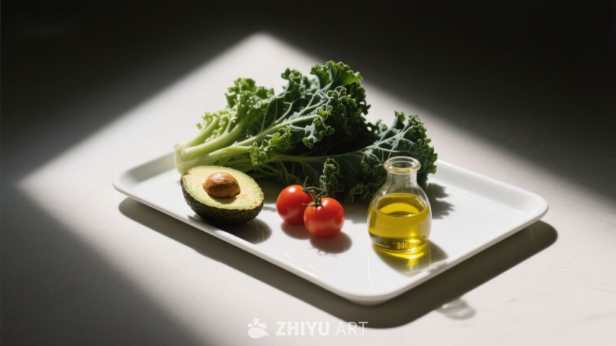 新鲜蔬菜与橄榄油摆盘