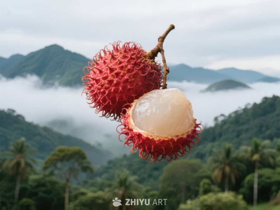 新鲜荔枝挂枝头，山雾缭绕背景 679