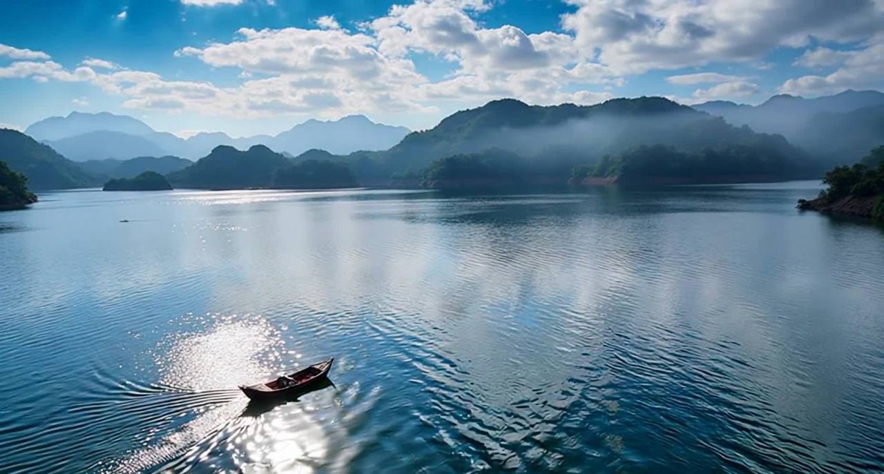 贵州万峰湖全景：白云，湖水，小船，山峰
