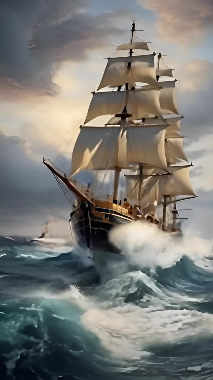 一艘三桅帆船勇敢地航行在汹涌的海浪中。海面上波涛汹