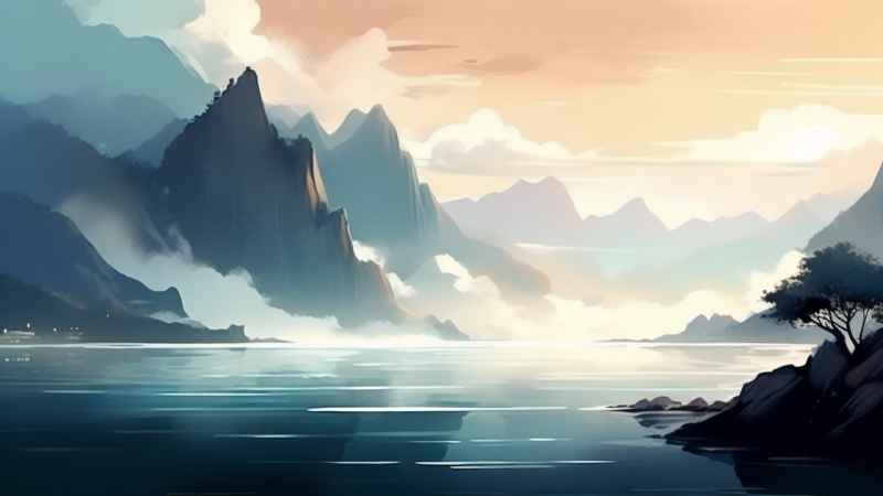 雾气缭绕水墨山水画简约风格 31
