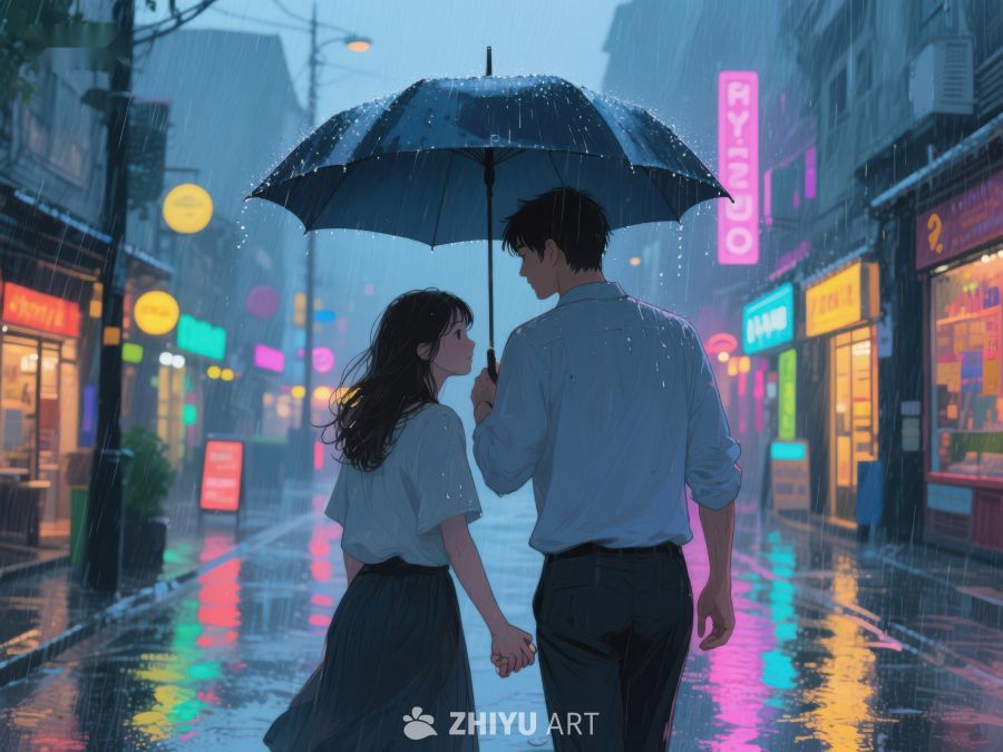 雨夜街头，伞下情侣漫步 1123