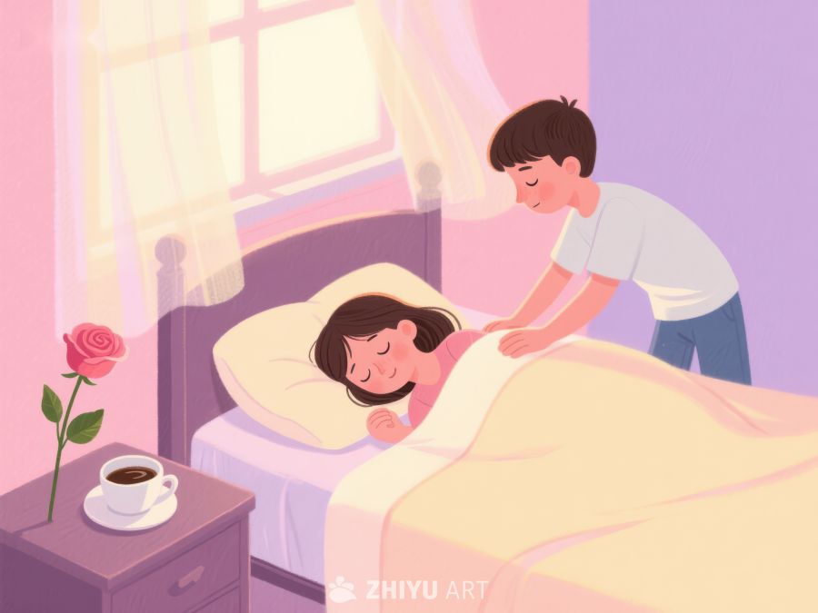 温馨早晨：男孩为女孩盖被子 913