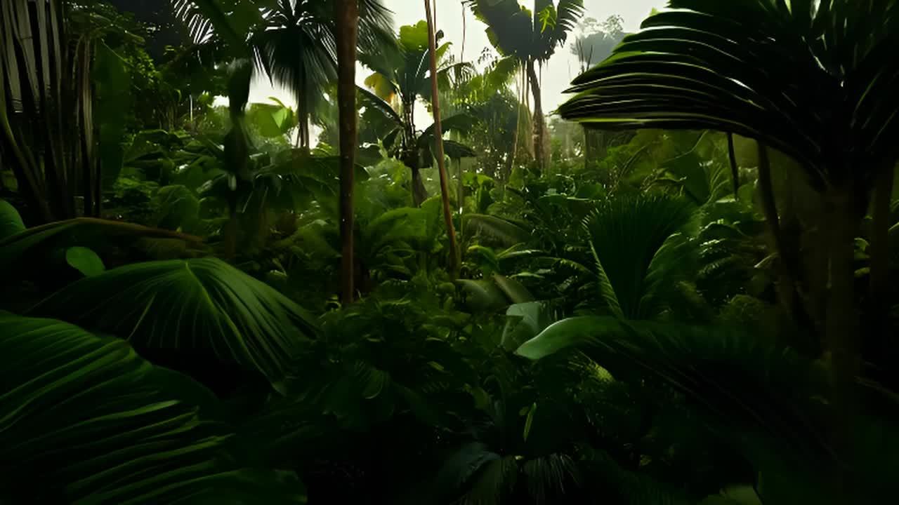 热带雨林，树木茂密，种类繁多。摄像机缓缓穿过这片景