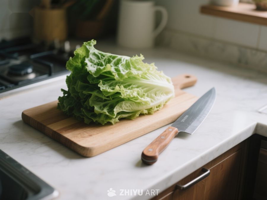 生菜置于砧板上，旁配刀具 327