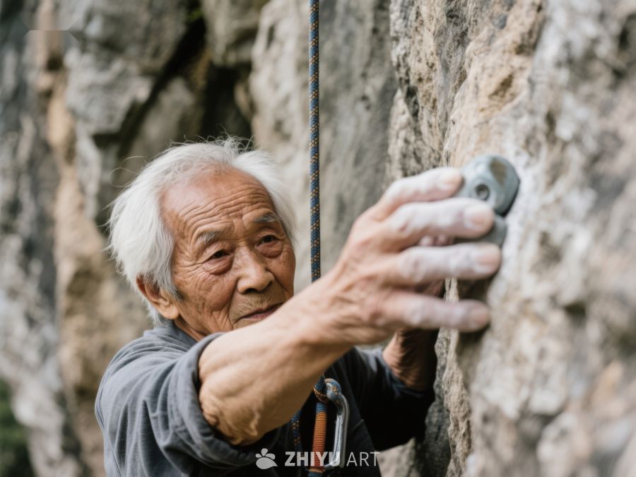 老人专注攀岩，手握岩壁 575
