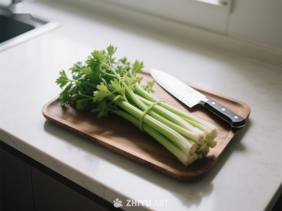 芹菜与刀具置于木质砧板上 337