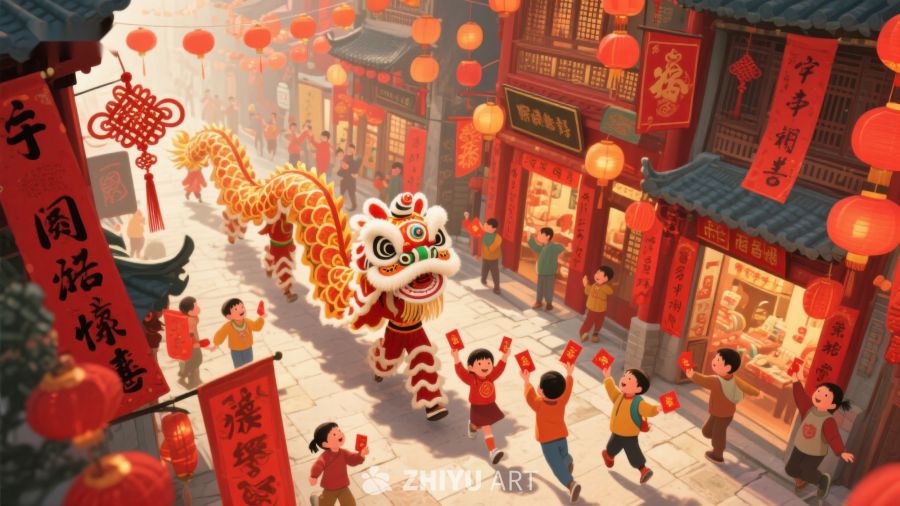 热闹春节街景，舞龙舞狮庆新春 97