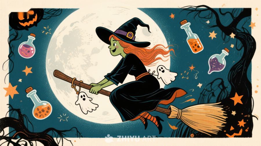 巫女夜骑扫帚，满月星空伴幽灵