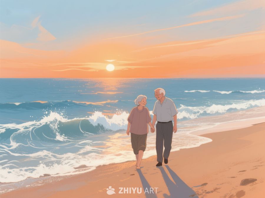 夕阳下海滩漫步的老人 943