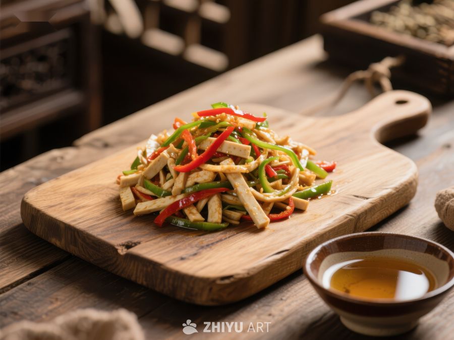 木盘上的彩椒炒豆干 1050